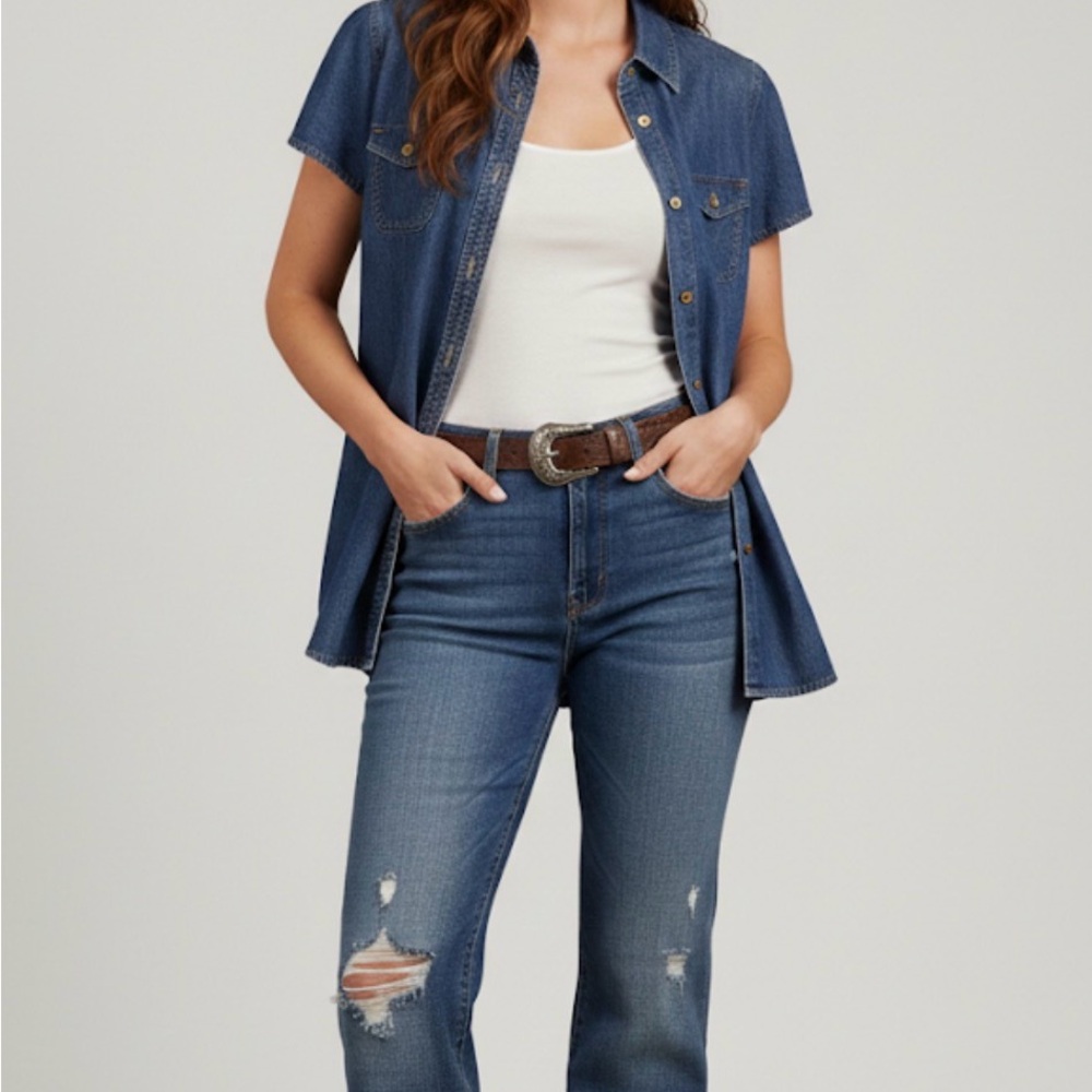 Bit & Bridle Womens M Button Front Short Sleeve Blue Cotton Denim‎ Shirt cotton